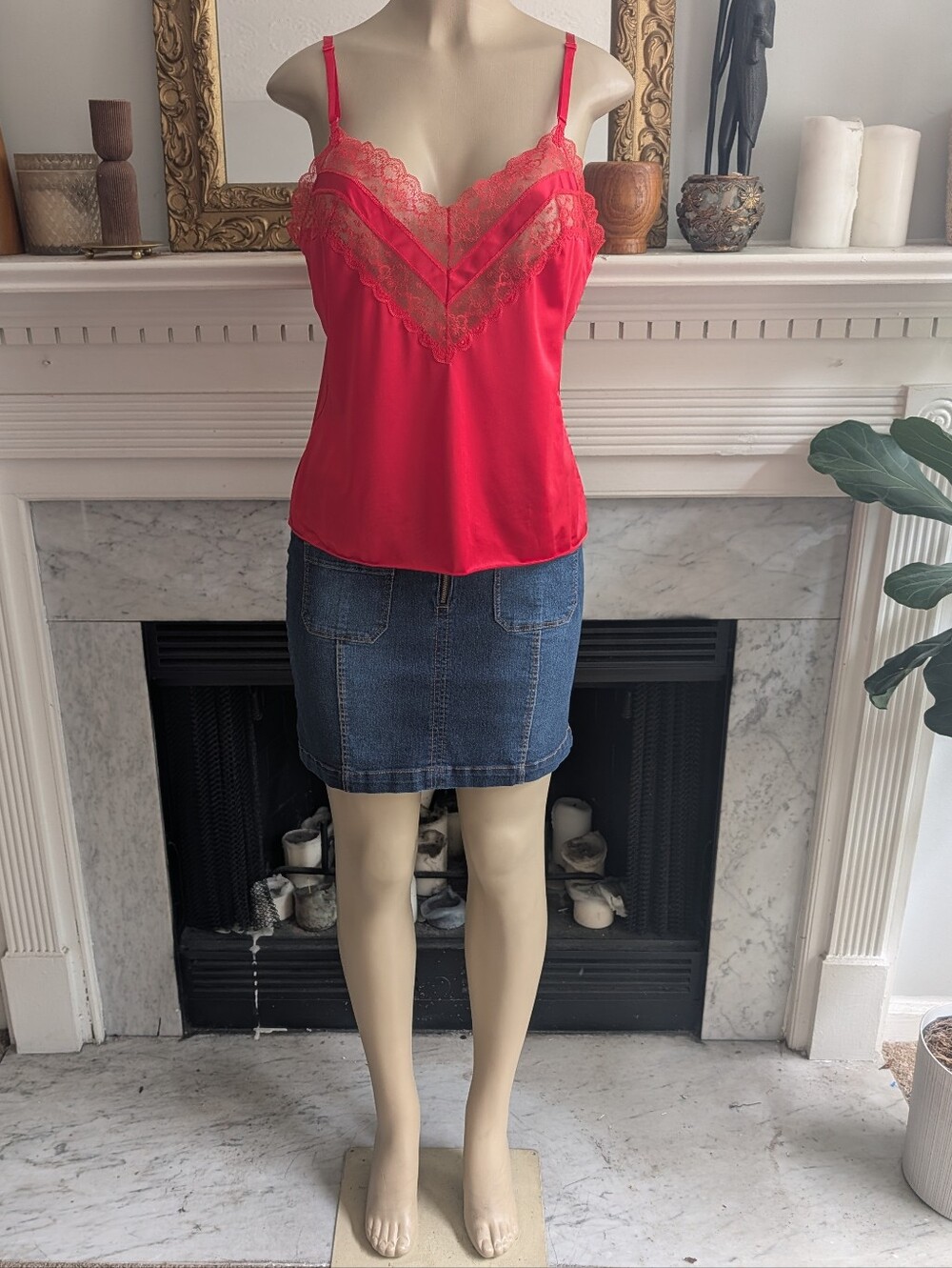 Vintage 70s Vanity Fair Red Nylon Lace Camisole Size 38 Medium USA Made Coquette